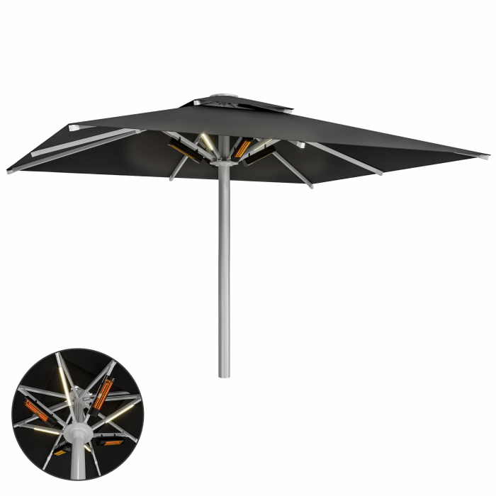 SUN LEON | Parasol Gastro Premium | B:T 400 x 500 cm | Noir | LED + Chauffage 230V | Rectangulaire