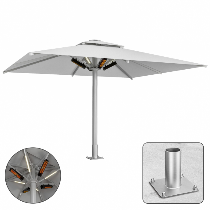 SUN MATEO | Parasol gastro | L: 300 x 400 cm | Gris | LED + chauffage 230V + plaque d'ancrage | Rectangulaire