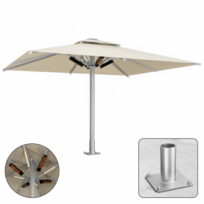 SUN MATEO | Parasol Gastro | B:T 300 x 400 cm | Taupe | LED + Chauffage 230V + Plaque d'ancrage | Rectangulaire