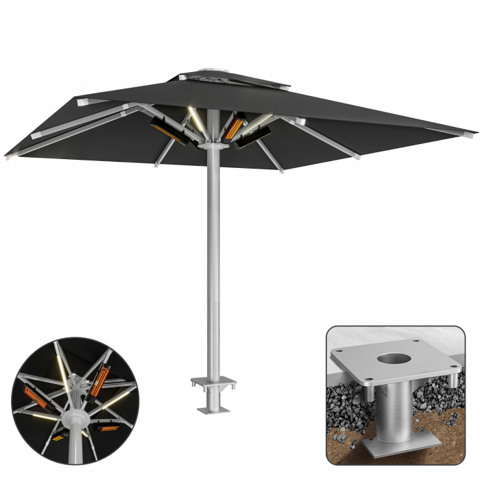 SUN MATEO | Parasol Gastro | B:T 350 x 350 cm | Noir | LED + Chauffage 230V + Douille d'ancrage | Carré