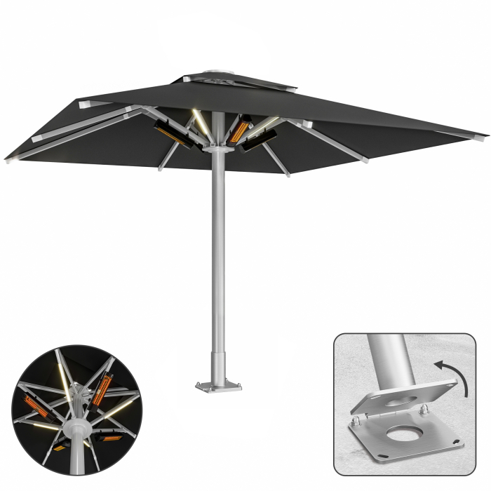 SUN LEON | Parasol Gastro Premium | B:T 400 x 400 cm | Noir | LED + Chauffage 230V + Plaque d'ancrage Charnière | Carré