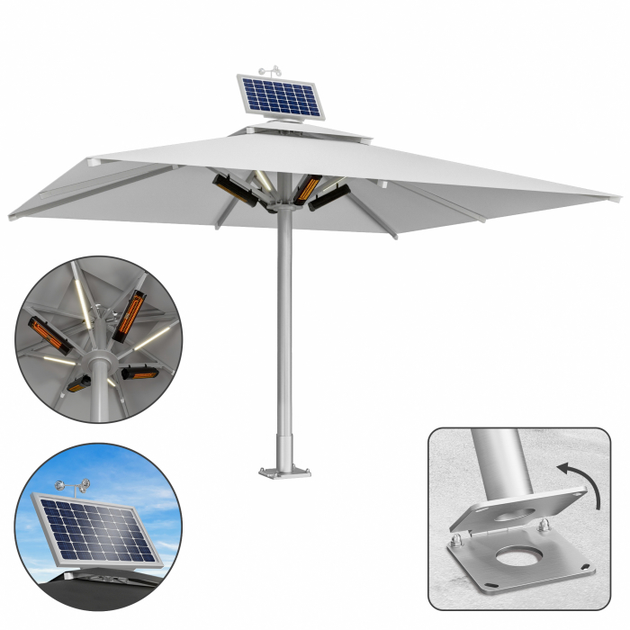 SUN MATEO | Gastro-aurinkovarjo Classic | B: 300 x 400 cm | Harmaa | LED + Lämmitin 230V + Ankkuripala Tuki | Neliömäinen