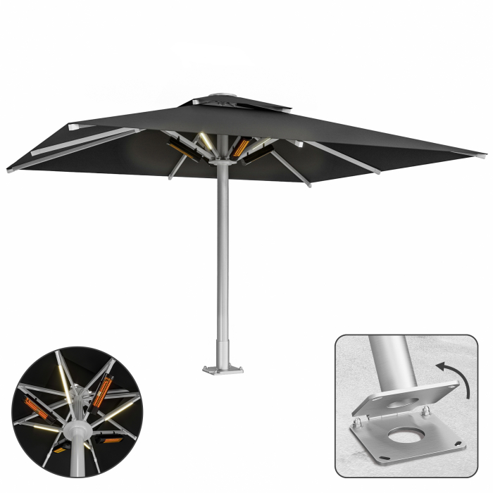 SUN LEON | Parasol Gastro Premium | B:T 500 x 600 cm | Noir | LED + Chauffage 230V + Platine d'ancrage à charnière | Rectangulaire