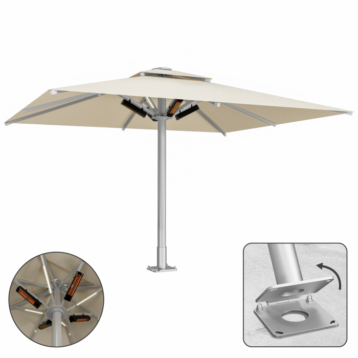 SUN LEON | Parasol Gastro Premium | B:T 500 x 600 cm | Taupe | LED + Chauffage 230V + Plaque d'ancrage à charnière | Rectangulaire