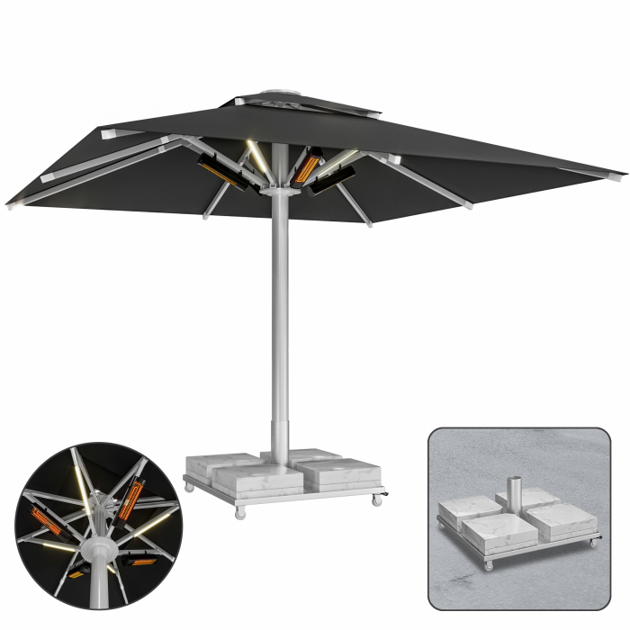 SUN LEON | Gastro Sonnenschirm Premium | B:T 400 x 400 cm | Schwarz | LED + Heizung 230V + Marmor Schirmständer 260 kg | Quadratisch