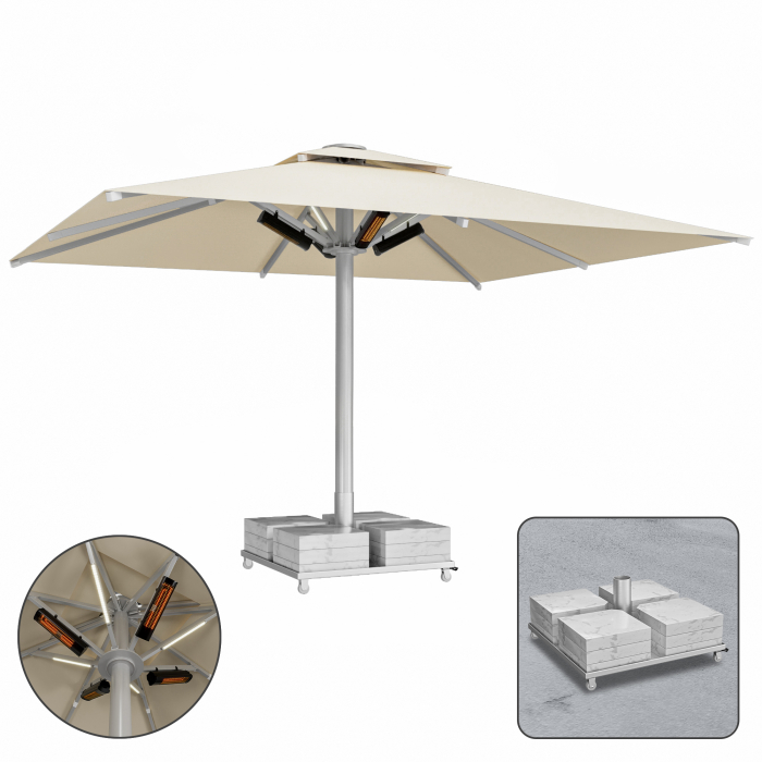 SUN MATEO | Parasol gastro | B:T 300 x 400 cm | Taupe | LED + chauffage 230V + support de parasol en marbre 320 kg | Rectangulaire