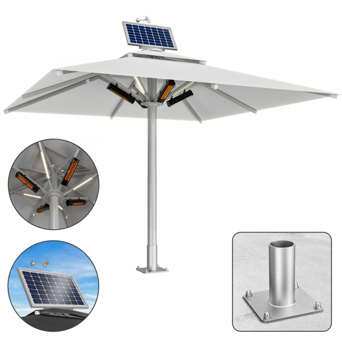 SUN LEON | Parasol Gastro Premium | B:T 500 x 500 cm | Gris | LED + chauffage 230V + moteur + plaque d'ancrage | Carré