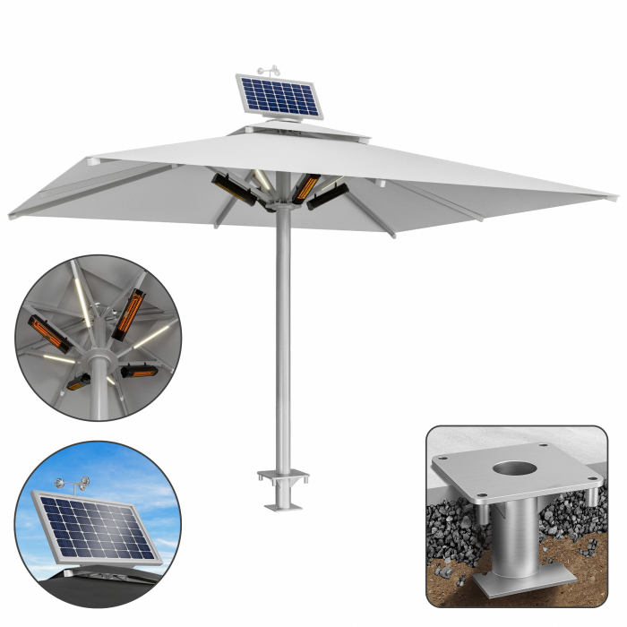 SUN LEON | Parasol Gastro Premium | B:T 500 x 600 cm | Gris | LED + Chauffage 230V + Moteur + Douille d'ancrage | Rectangulaire