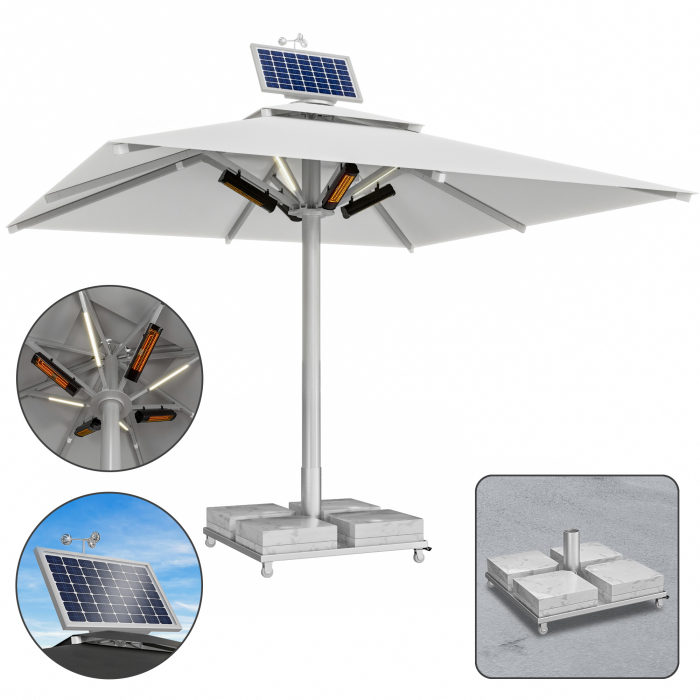 SUN LEON | Gastro Sonnenschirm Premium | B:T 400 x 400 cm | Grau | LED + Heizung 230V + Motor + Marmor Schirmständer 260 kg | Quadratisch