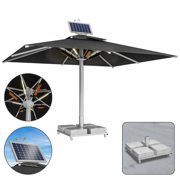 SUN LEON | Gastro Solskjerm Premium | B:T 400 x 500 cm | Svart | LED + Varme 230V + Motor + Marmor Skjermstativ 260 kg | Rektangulær