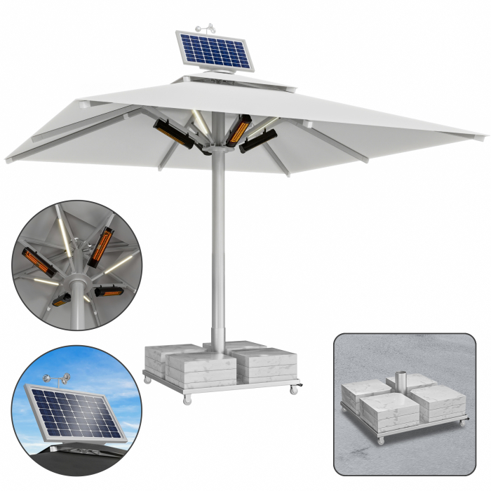 SUN LEON | Gastro Sonnenschirm Premium | B:T 600 x 600 cm | Grau | LED + Heizung 230V + Motor + Marmor Schirmständer 320 kg | Quadratisch