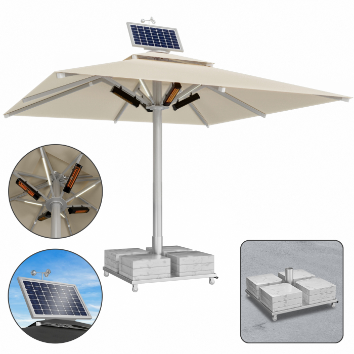 SUN LEON | Gastro Sonnenschirm Premium | B:T 400 x 400 cm | Taupe | LED + Heizung 230V + Motor + Marmor Schirmständer 320 kg | Quadratisch