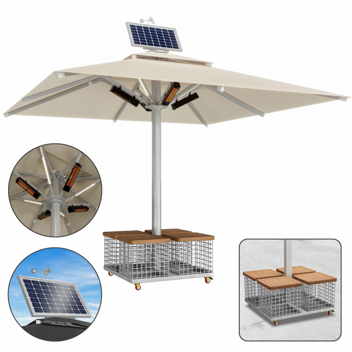 SUN LEON | Parasol Gastro Premium | B:T 600 x 600 cm | Taupe | LED + Chauffage 230V + Moteur + Panier en acier | Carré