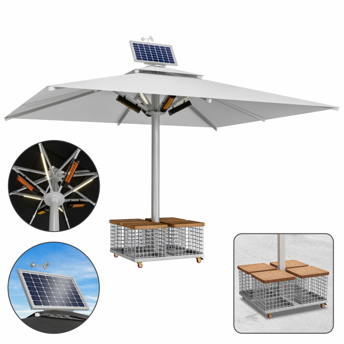 SUN LEON | Parasol Gastro Premium | B:T 500 x 600 cm | Gris | LED + Chauffage 230V + Moteur + Panier en acier | Rectangulaire