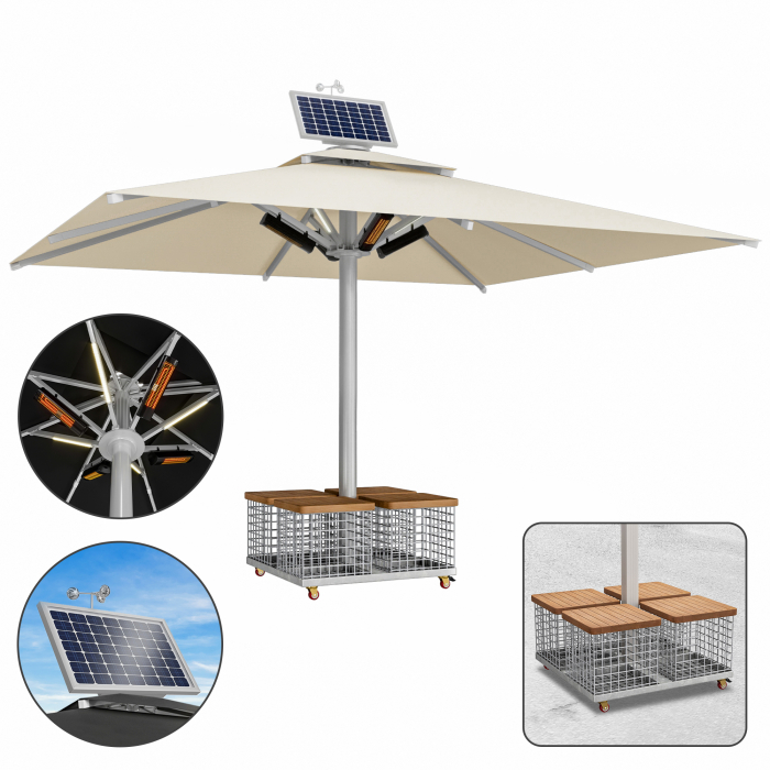 SUN LEON | Parasol Gastro Premium | B:T 500 x 600 cm | Taupe | LED + Chauffage 230V + Moteur + Panier en acier | Rectangulaire