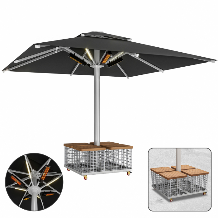 SUN LEON | Parasol Gastro Premium | B:T 400 x 400 cm | Noir | LED + Chauffage 230V + Panier en acier | Carré