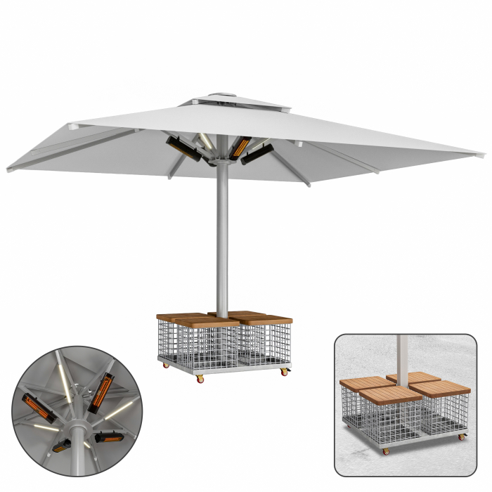 SUN LEON | Parasol Gastro Premium | B:T 500 x 600 cm | Gris | LED + Chauffage 230V + Panier en acier | Rectangulaire