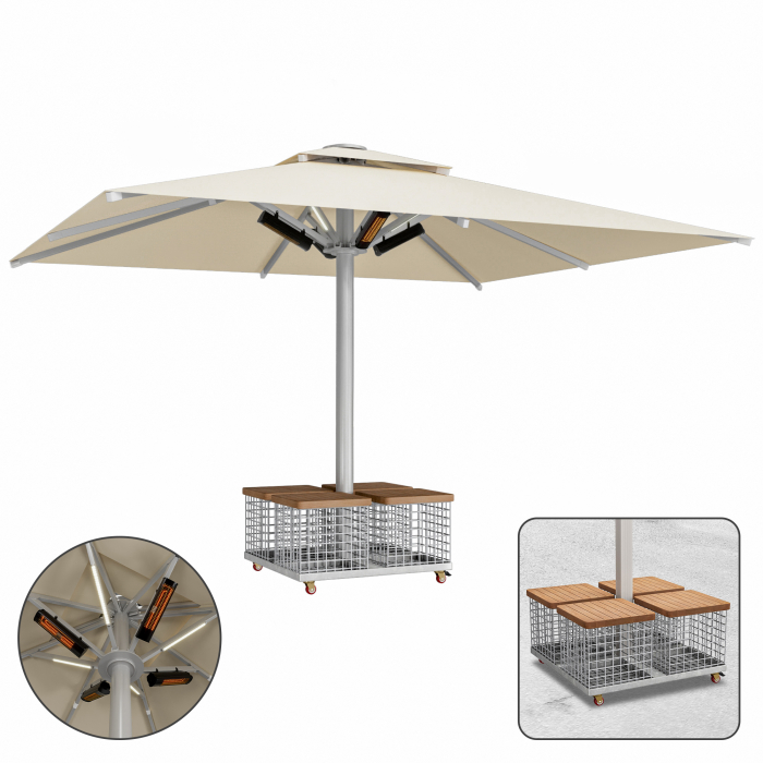 SUN MATEO | Parasol Gastro | L: 300 x 400 cm | Taupe | LED + Chauffage 230V + Corbeille en acier | Rectangulaire
