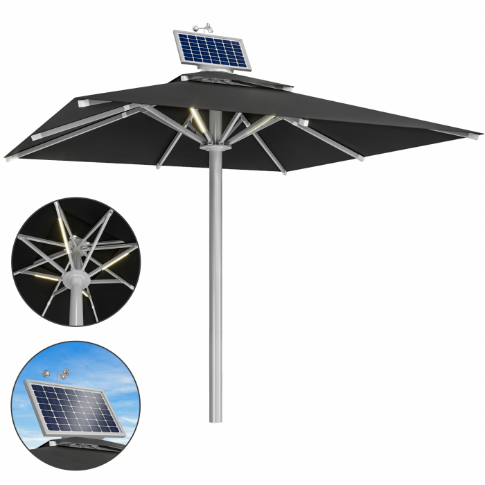 SUN LEON | Parasol Gastro Premium | B:T 500 x 500 cm | Noir | LED + Moteur | Carré