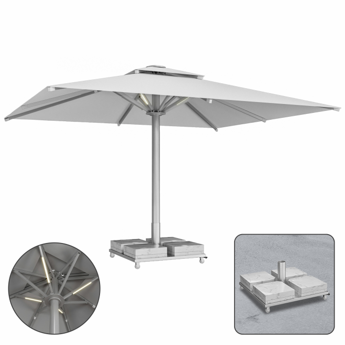 SUN MATEO | Parasol Gastro | L: 300 x 400 cm | Gris | LED + Socle en marbre 260 kg | Rectangle