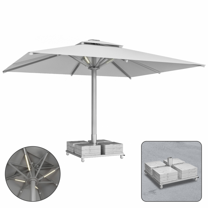 SUN LEON | Gastro Sonnenschirm Premium | B:T 400 x 500 cm | Grau | LED + Marmor Schirmständer 320 kg | Rechteckig