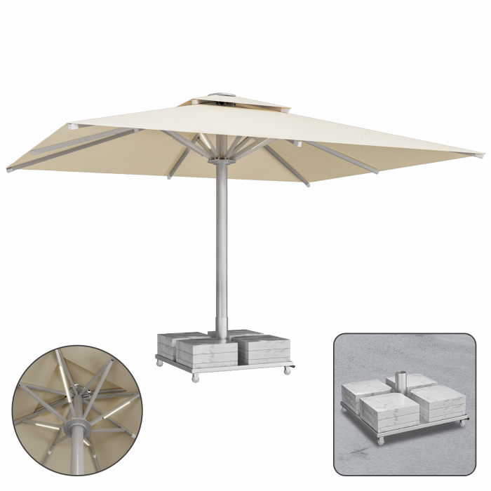 SUN LEON | Gastro Sonnenschirm Premium | B:T 500 x 600 cm | Taupe | LED + Marmor Schirmständer 320 kg | Rechteckig