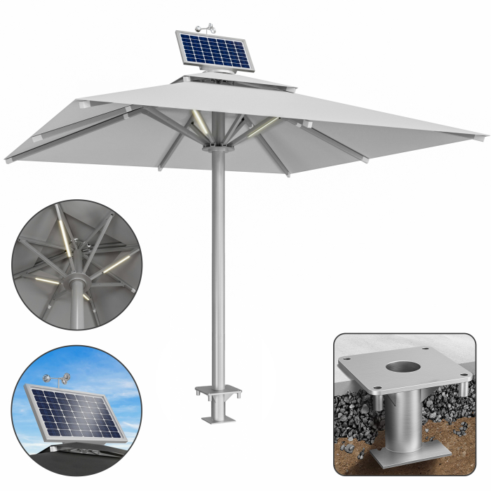 SUN LEON | Parasol Gastro Premium | B:T 500 x 500 cm | Gris | LED + Moteur + Douille d'ancrage | Carré