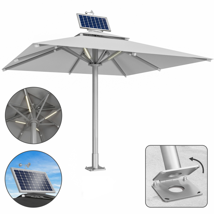SUN LEON | Parasol Gastro Premium | B:T 500 x 500 cm | Gris | LED + Moteur + Plaque d'ancrage Charnière | Carré