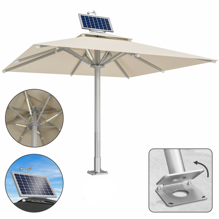SUN LEON | Parasol Gastro Premium | B:T 500 x 500 cm | Taupe | LED + Moteur + Plaque d'ancrage à charnière | Carré