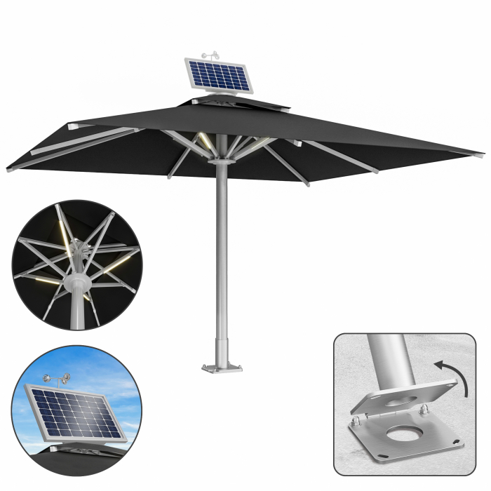 SUN LEON | Parasoleil Gastro Premium | B:T 400 x 500 cm | Noir | LED + Moteur + Plaque d'ancrage Charnière | Rectangulaire