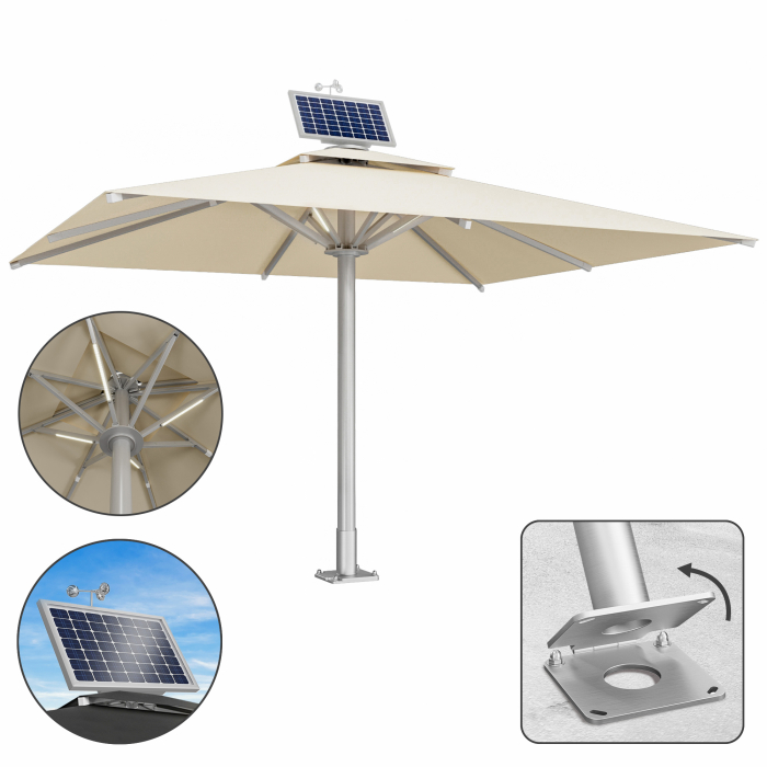 SUN LEON | Parasol Gastro Premium | B:T 400 x 500 cm | Taupe | LED + Moteur + Plaque d'ancrage Charnière | Rectangulaire