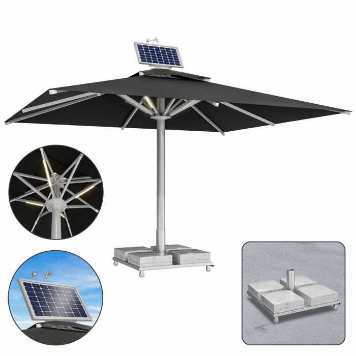 SUN LEON | Gastro Sonnenschirm Premium | B:T 500 x 600 cm | Schwarz | LED + Motor + Marmor Schirmständer 260 kg | Rechteckig