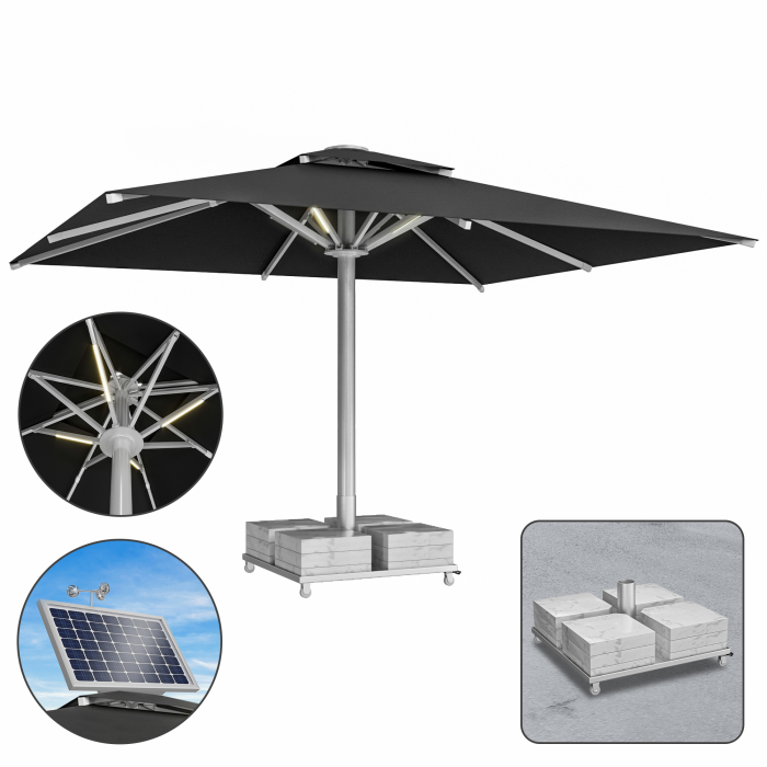 SUN LEON | Gastro Sonnenschirm Premium | B:T 500 x 600 cm | Schwarz | LED + Motor + Marmor Schirmständer 320 kg | Rechteckig