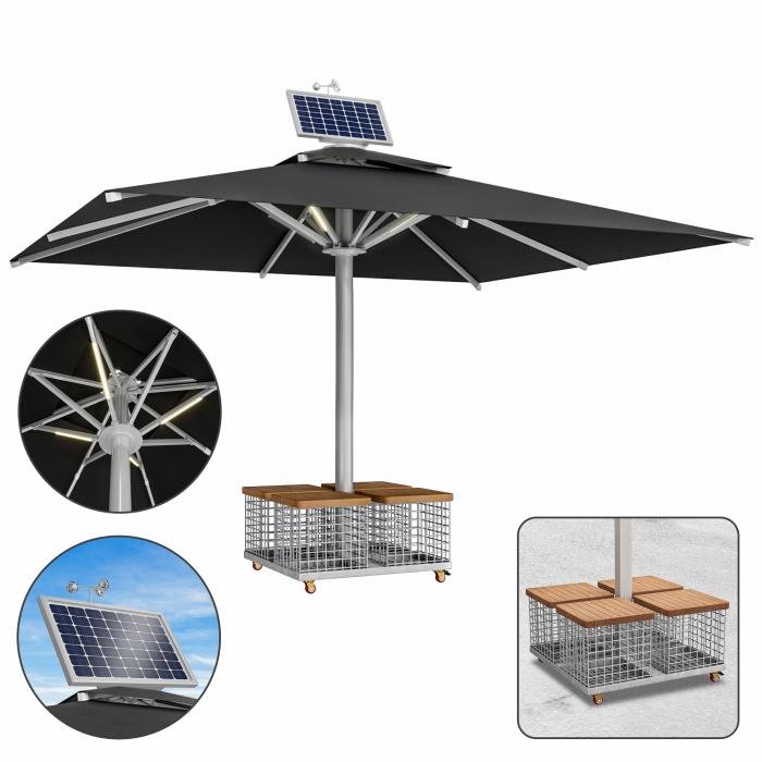 SUN LEON | Parasol Gastro Premium | B:T 500 x 600 cm | Noir | LED + Moteur + Panier en acier | Rectangulaire