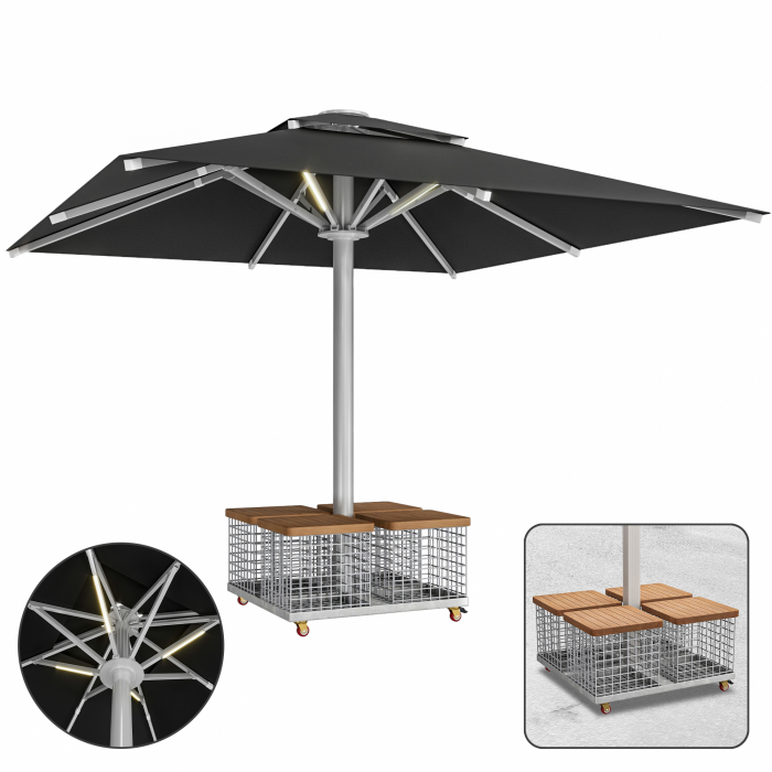 SUN MATEO | Parasol de restauration | B:T 300 x 300 cm | Noir | LED + panier en acier | Carré