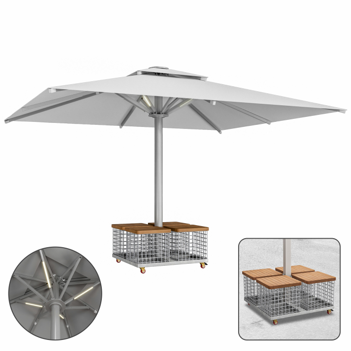 SUN MATEO | Parasol Gastro | B:T 300 x 400 cm | Gris | LED + panier en acier | Rectangulaire
