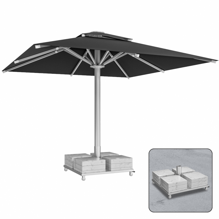 SUN MATEO | Parasol Gastro | B:T 400 x 400 cm | Noir | Socle en marbre 320 kg | Carré