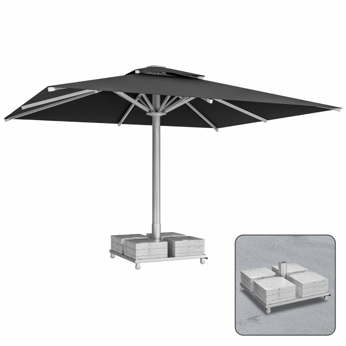 SUN LEON | Gastro Aurinkovarjo Premium | B:T 500 x 600 cm | Musta | Marmori Varjonjalka 320 kg | Suorakulmainen
