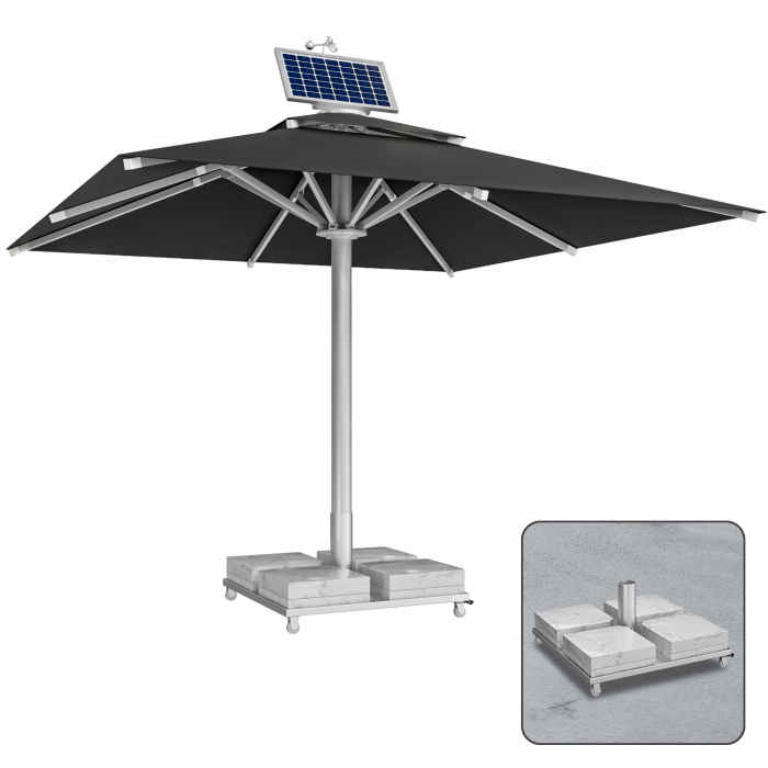 SUN LEON | Gastro Sonnenschirm Premium | B:T 400 x 400 cm | Schwarz | Motor + Marmor Schirmständer 260 kg | Quadratisch