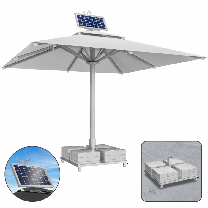 SUN LEON | Gastro Sonnenschirm Premium | B:T 500 x 500 cm | Grau | Motor + Marmor Schirmständer 320 kg | Quadratisch