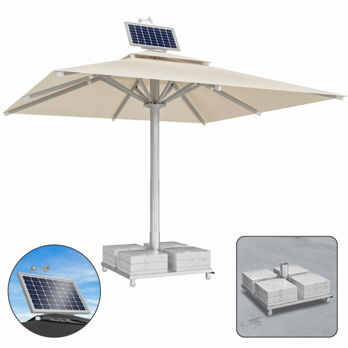 SUN LEON | Gastro Sonnenschirm Premium | B:T 400 x 400 cm | Taupe | Motor + Marmor Schirmständer 320 kg | Quadratisch