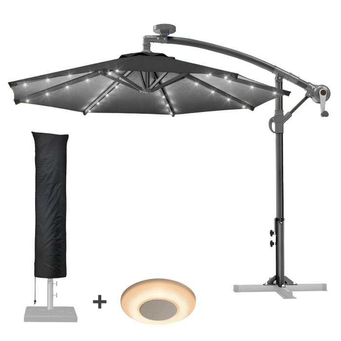 SUN LUCA | Parasoll | Runt | Ø 300 cm | Svart | LED | + Musikbox & skydd