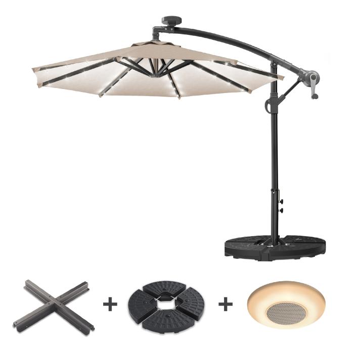 SUN LUCA | Parasoll | Rundt | Ø 300 cm | Taupe | LED | +Stativ og spilledåse