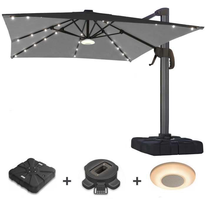 SUN LUIS | Parasoll | Kvadratisk | B: 300 x 300 cm | Svart | LED | +Ställning, Svängfot & Musikbox