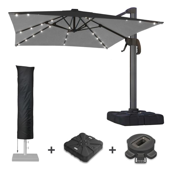 SUN LUIS | Parasoll | Kvadratisk | B:D 300 x 300 cm | Svart | LED | +Stativ, dreibar sokkel og deksel
