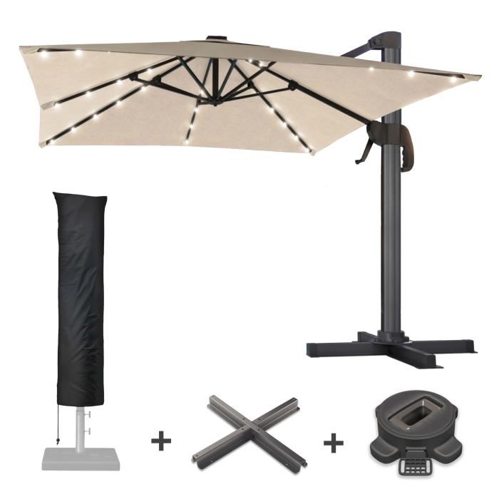 SUN LUIS | Parasoll | Kvadratisk | B:D 300 x 300 cm | Taupe | LED | +Stativ, dreibar sokkel og deksel