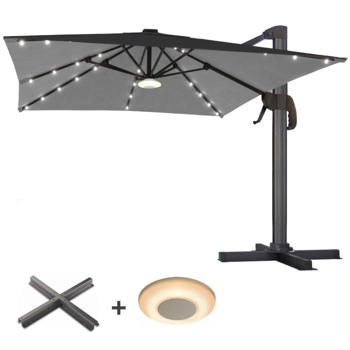 SUN LUIS | Parasol | Quadratisch | B:T 300 x 300 cm | Sort | LED | +Stativ & Musikboks