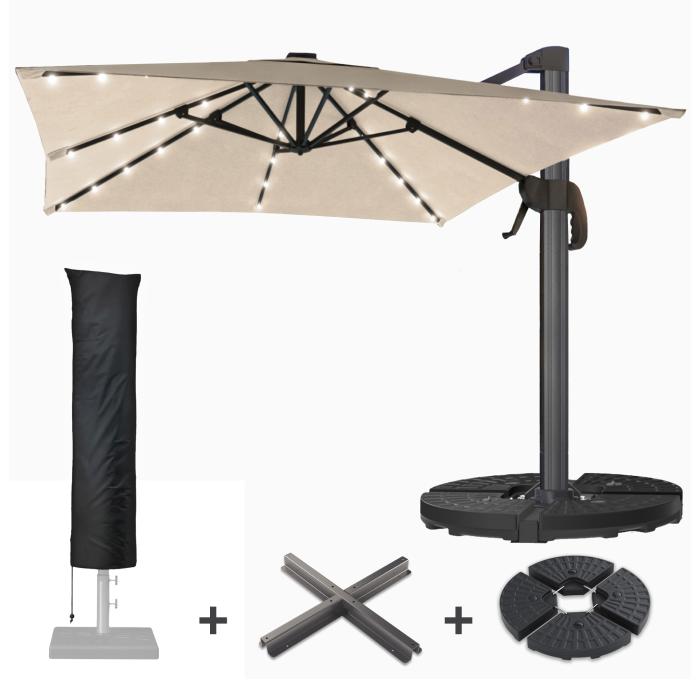 SUN LUIS | Parasoll | Kvadratisk | B:D 300 x 300 cm | Taupe | LED | +Stativ og svingbar fot