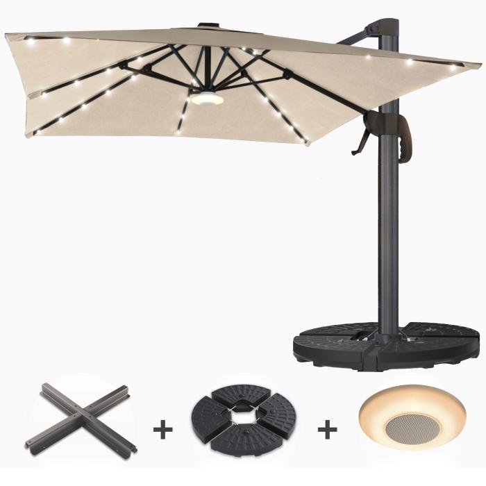 SUN LUIS | Parasoll | Kvadratisk | B:D 300 x 300 cm | Taupe | LED | +Stativ og spilledåse