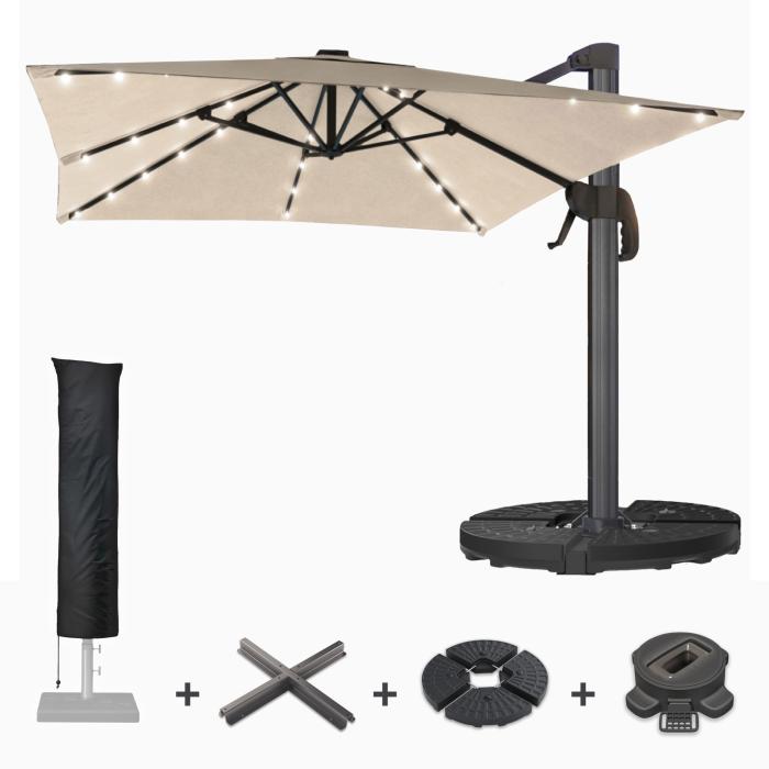 SUN LUIS | Parasoll | Kvadratisk | B:D 300 x 300 cm | Taupe | LED | +Stativ, dreibar sokkel og deksel